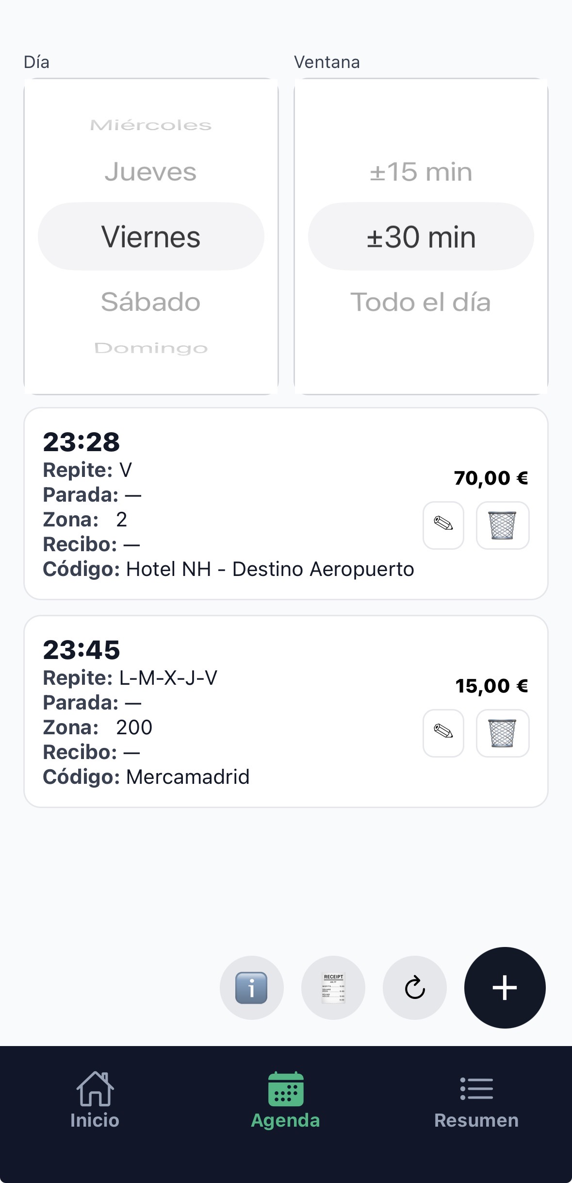 Agenda de servicios con avisos