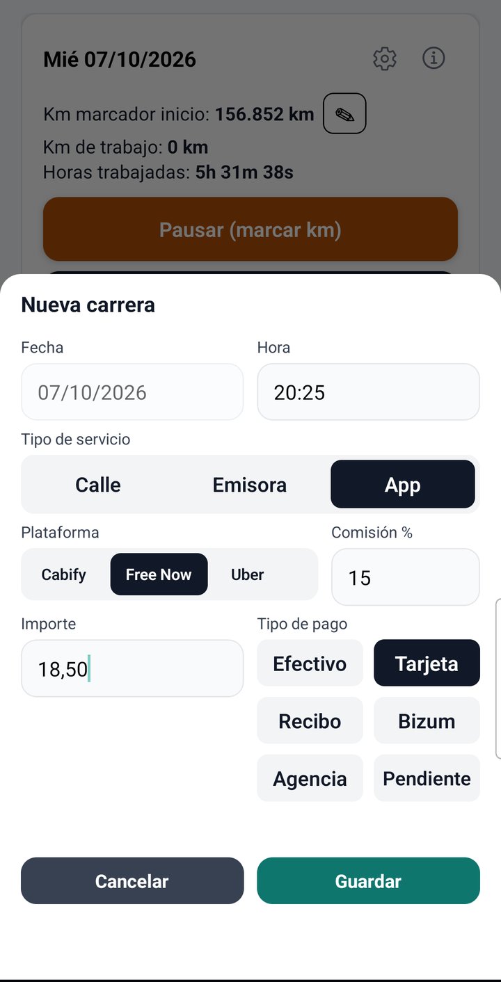 Formulario de nueva carrera con plataforma Free Now, comisión 15 % y pago con tarjeta